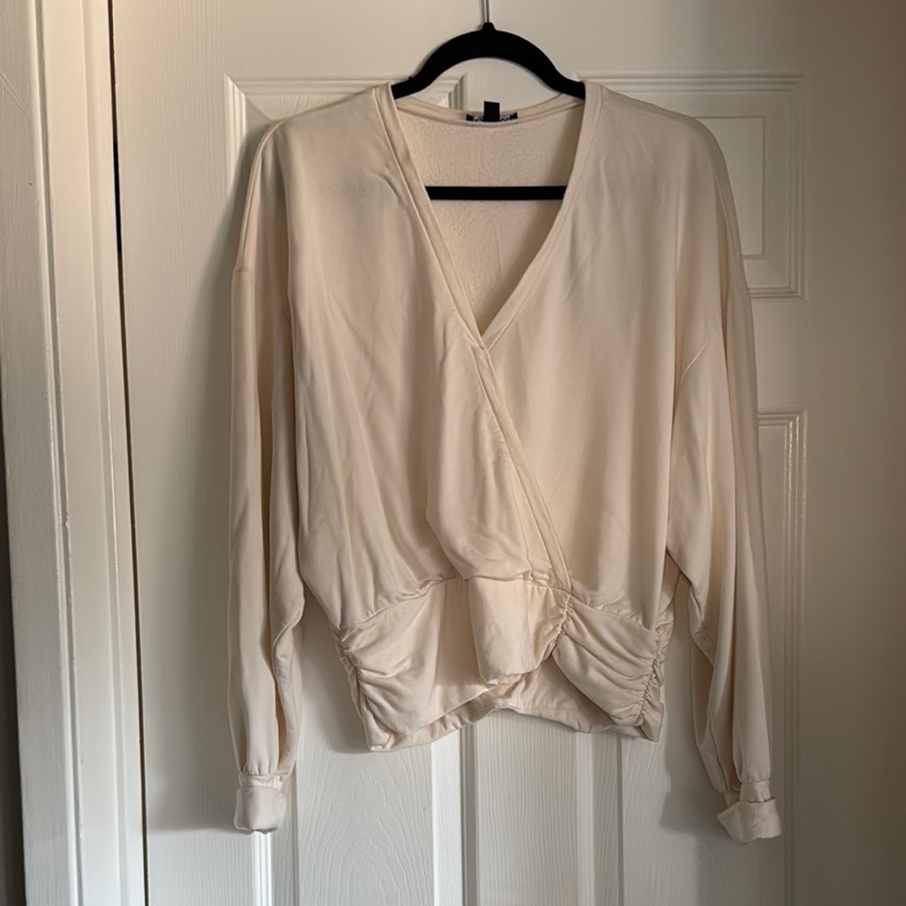 Express Cream Ruched Wrap Blouse Long Sleeve
